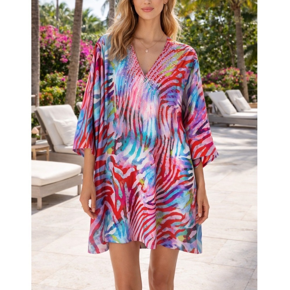 Natori Short Caftan Cover Up Dress Small Multicolor Abstract Zebra‎ Rhinestone